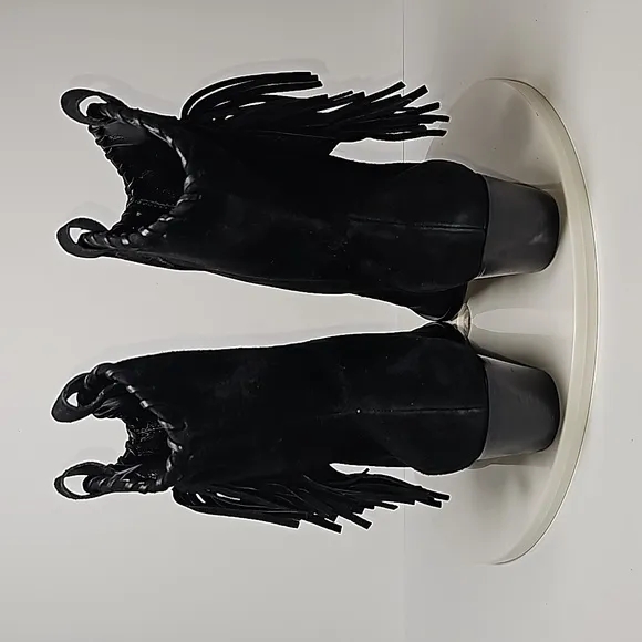Schutz Alexxa Bootie Heeled Boots Pull-On Fringe Pointed Suede Western Black 8.5