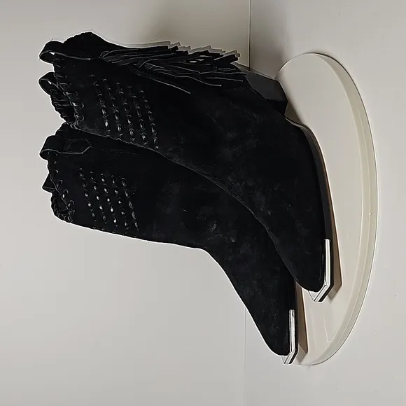 Schutz Alexxa Bootie Heeled Boots Pull-On Fringe Pointed Suede Western Black 8.5