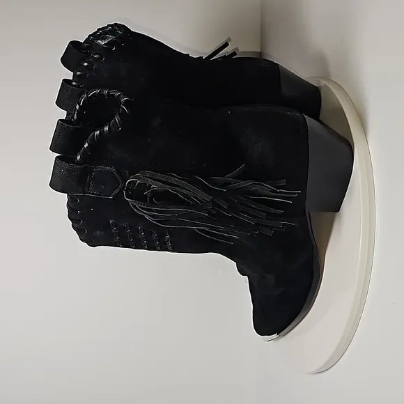 Schutz Alexxa Bootie Heeled Boots Pull-On Fringe Pointed Suede Western Black 8.5