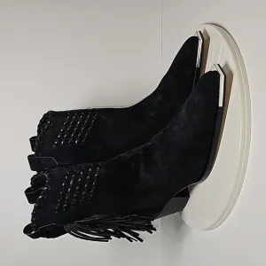 Schutz Alexxa Bootie Heeled Boots Pull-On Fringe Pointed Suede Western Black 8.5