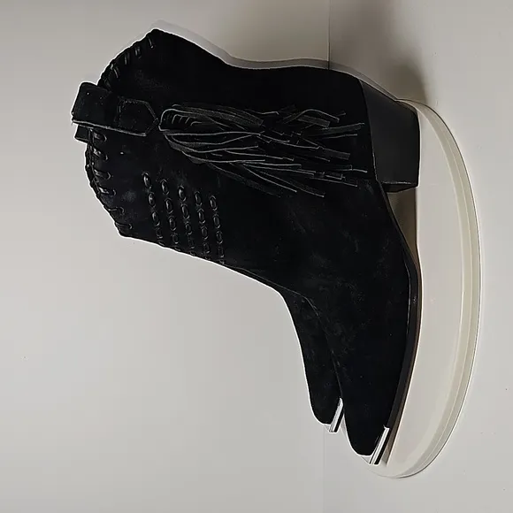 Schutz Alexxa Bootie Heeled Boots Pull-On Fringe Pointed Suede Western Black 8.5