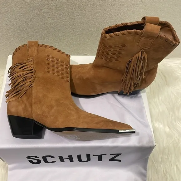 Schutz Alexxa Western Cowboy Style Suede Brown Boot Size 7.5B