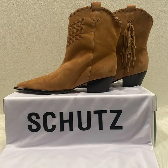 Schutz Alexxa Western Cowboy Style Suede Brown Boot Size 7.5B