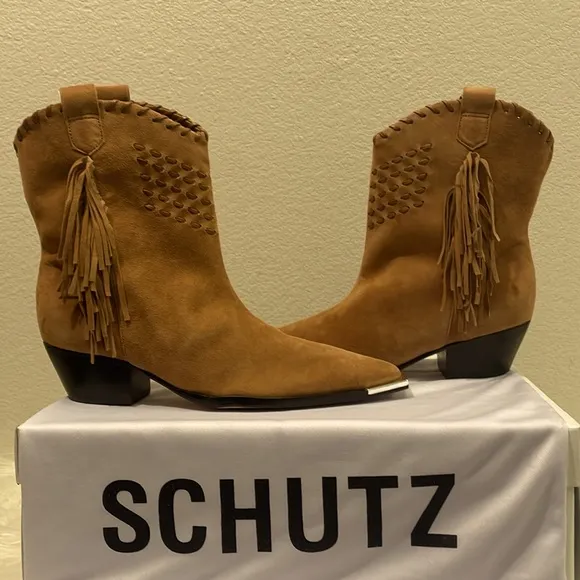 Schutz Alexxa Western Cowboy Style Suede Brown Boot Size 7.5B