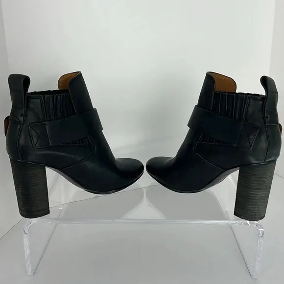 See By Chloe Black Cappa Leather Chelsea Ankle Booties Buckle Stacked Heel Sz 38