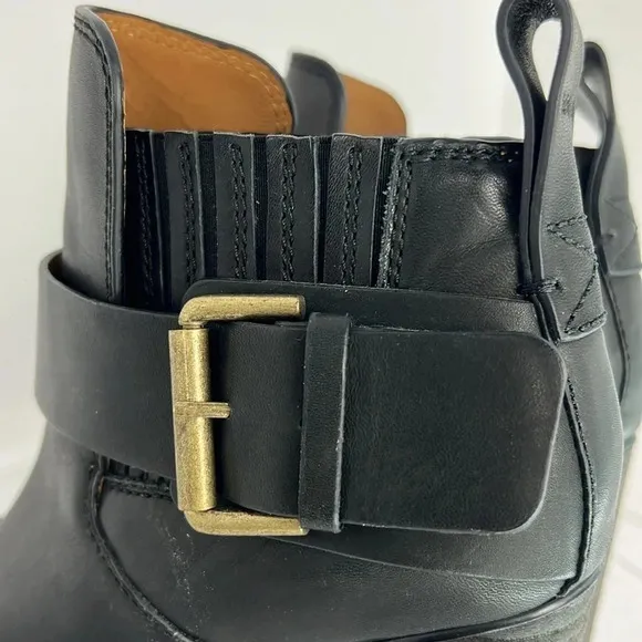 See By Chloe Black Cappa Leather Chelsea Ankle Booties Buckle Stacked Heel Sz 38