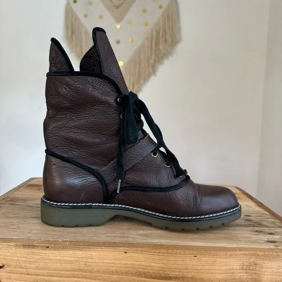See By Chloe Leather Brown Black Trim Leather Brass Buckle Strap Combat Boot