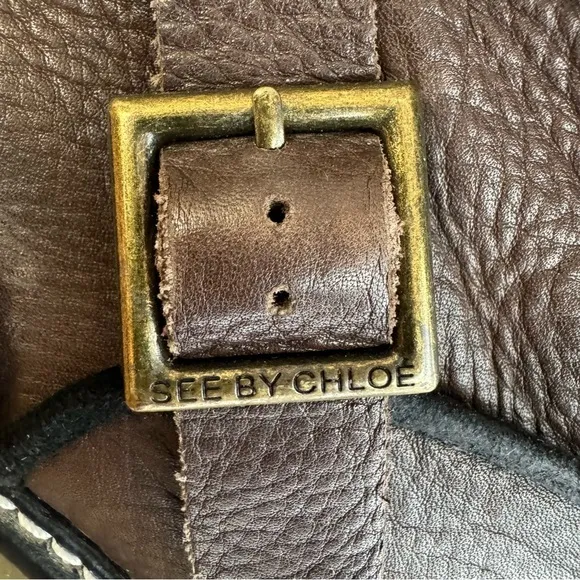 See By Chloe Leather Brown Black Trim Leather Brass Buckle Strap Combat Boot