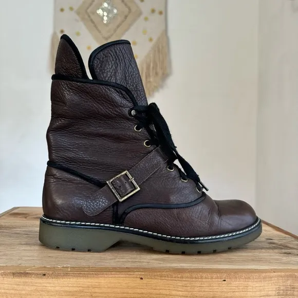 See By Chloe Leather Brown Black Trim Leather Brass Buckle Strap Combat Boot