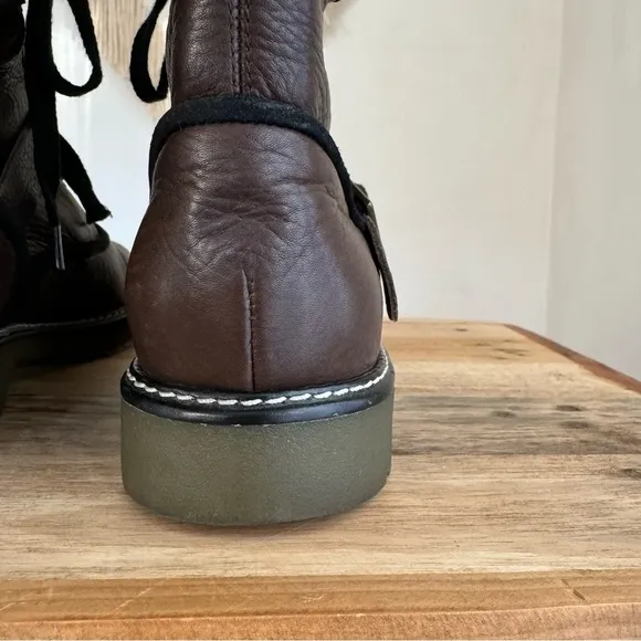 See By Chloe Leather Brown Black Trim Leather Brass Buckle Strap Combat Boot