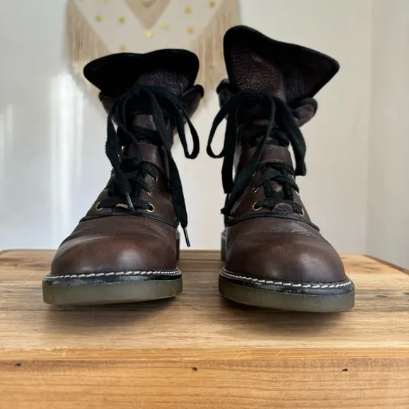 See By Chloe Leather Brown Black Trim Leather Brass Buckle Strap Combat Boot