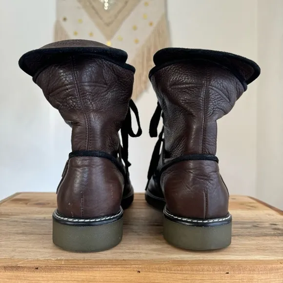 See By Chloe Leather Brown Black Trim Leather Brass Buckle Strap Combat Boot