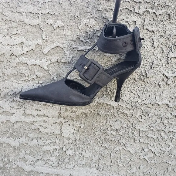 SERGIO ROSSI Black Fabric Double Buckle‎ Ankle STRAP Sandals Heels