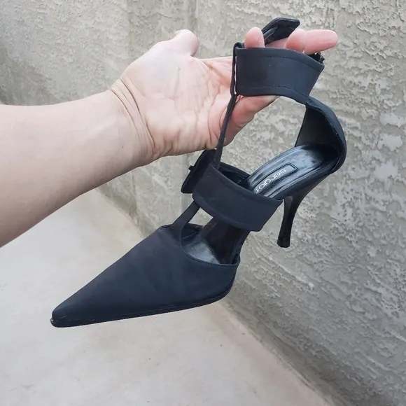 SERGIO ROSSI Black Fabric Double Buckle‎ Ankle STRAP Sandals Heels