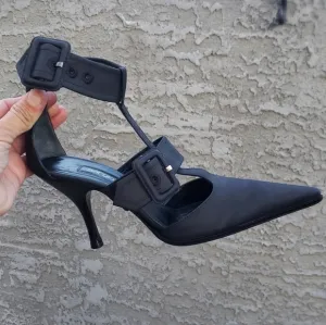 SERGIO ROSSI Black Fabric Double Buckle‎ Ankle STRAP Sandals Heels
