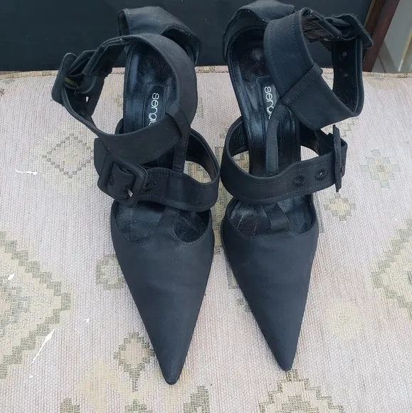SERGIO ROSSI Black Fabric Double Buckle‎ Ankle STRAP Sandals Heels
