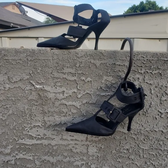 SERGIO ROSSI Black Fabric Double Buckle‎ Ankle STRAP Sandals Heels