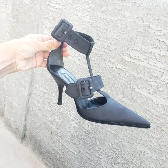 SERGIO ROSSI Black Fabric Double Buckle‎ Ankle STRAP Sandals Heels