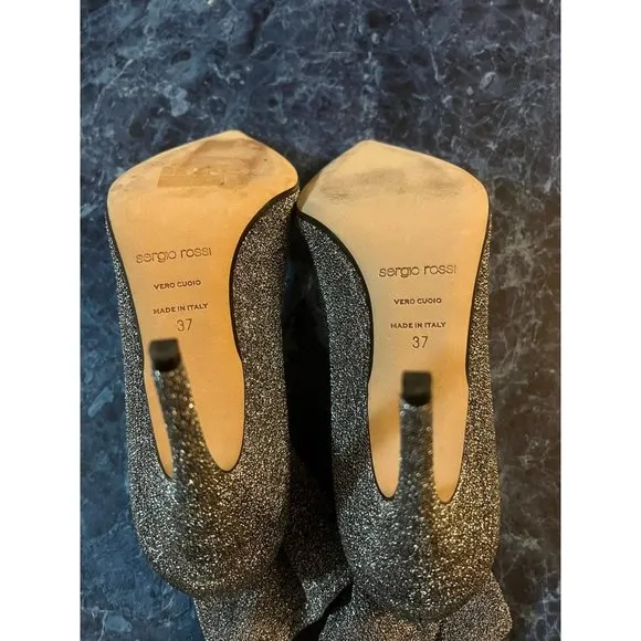 Sergio Rossi Pointed Glitter Ankle Boots Heels Grey Silver Shoes EU 37/US 7 $695