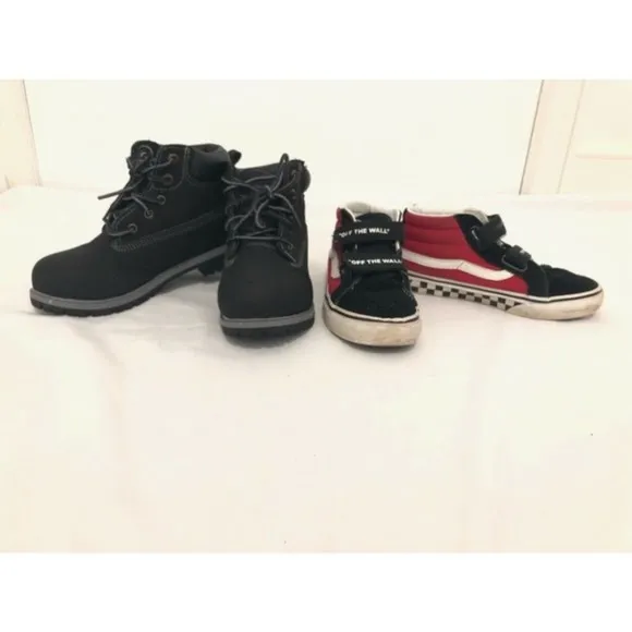 Set 2 Boys Shoes Vans Sneakers Red Black &amp; Wonder Nation Boots Black Size USA1