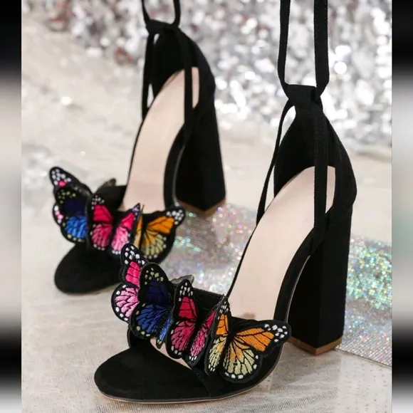 Sexy Fashion High Heel Chunky Heel Black Sandals With Butterfly