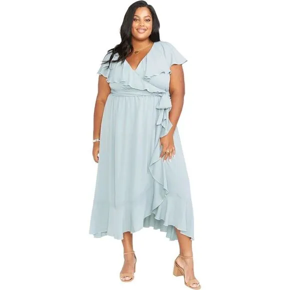 Show Me Your Mumu Jess Ruffle Midi Dress in Icy Blue Chiffon. Size XL. NWT!