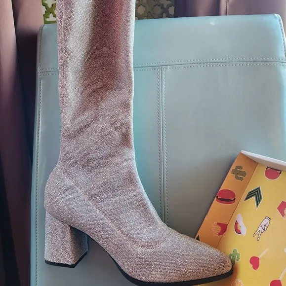 SILVER OTK Privileged by LEMON DROP Over the Knee Glitzy Stretch Pull On Boots 9