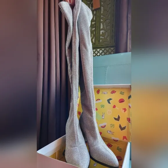 SILVER OTK Privileged by LEMON DROP Over the Knee Glitzy Stretch Pull On Boots 9