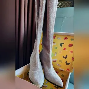 SILVER OTK Privileged by LEMON DROP Over the Knee Glitzy Stretch Pull On Boots 9