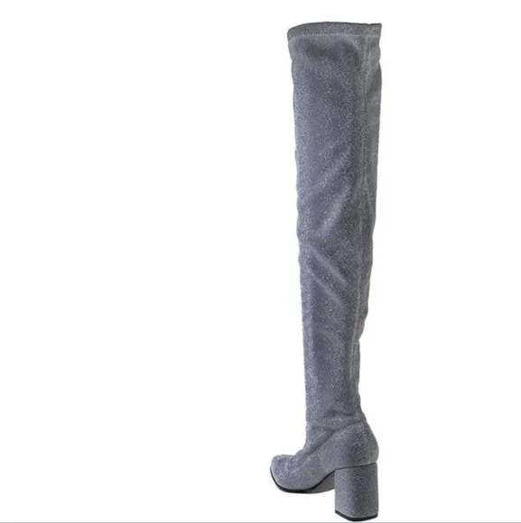 SILVER OTK Privileged by LEMON DROP Over the Knee Glitzy Stretch Pull On Boots 9