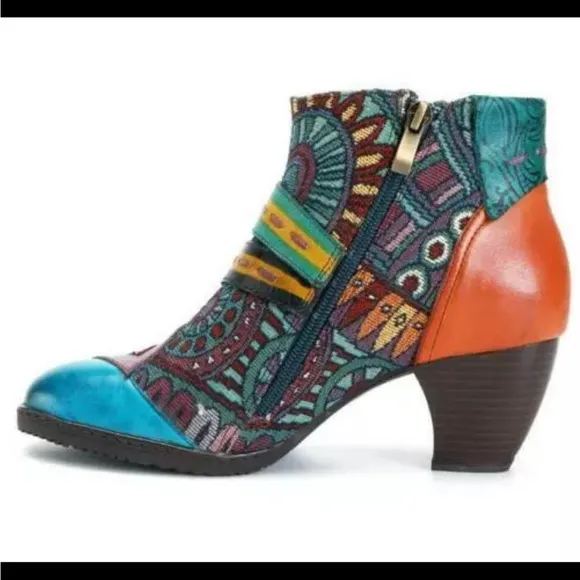 Socofy Patchwork Tapestry Leather Colorful Women's Ankle Boots