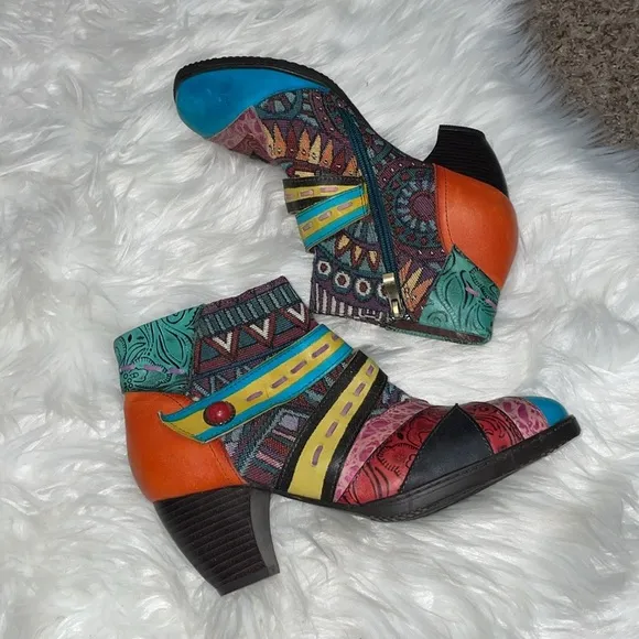 Socofy Patchwork Tapestry Leather Colorful Women's Ankle Boots