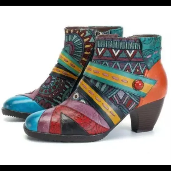 Socofy Patchwork Tapestry Leather Colorful Women's Ankle Boots