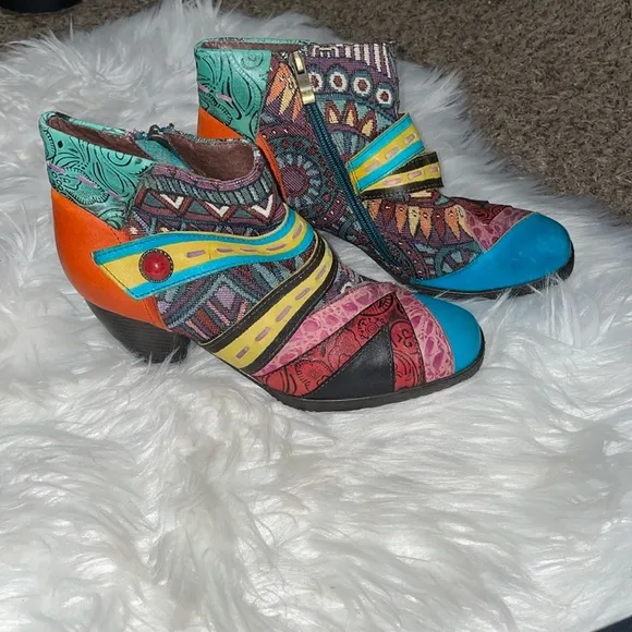 Socofy Patchwork Tapestry Leather Colorful Women's Ankle Boots