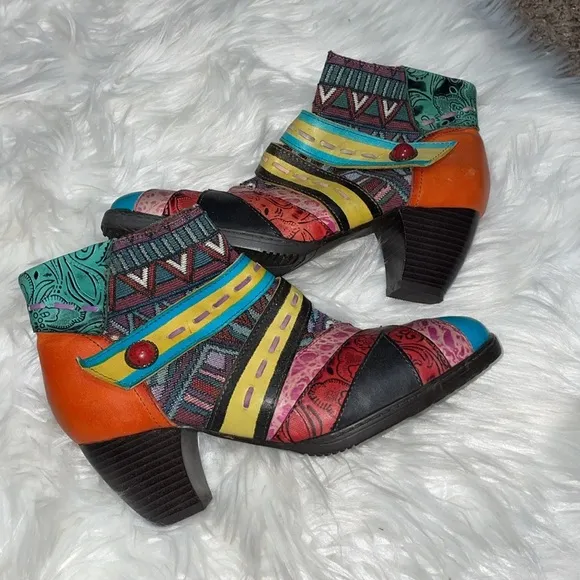 Socofy Patchwork Tapestry Leather Colorful Women's Ankle Boots