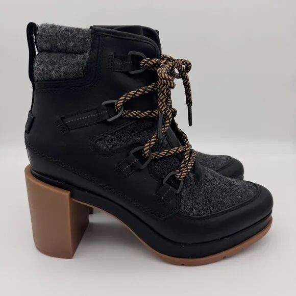 Sorel Blake Lace Up Boots Womens 7.5 Leather Felt Heeled Bootie Shoes Black Gray