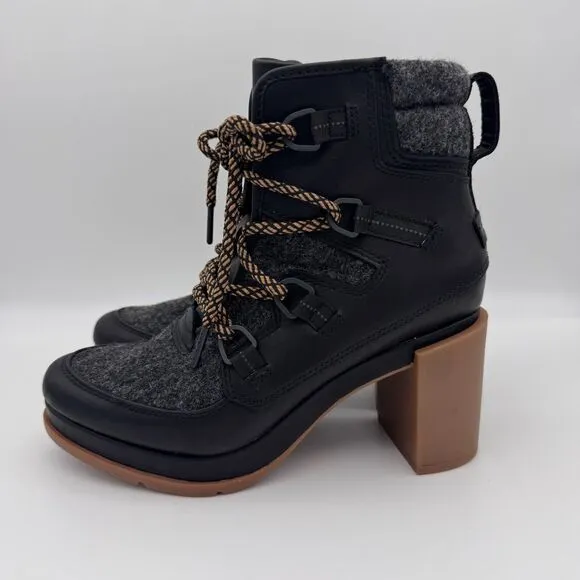 Sorel Blake Lace Up Boots Womens 7.5 Leather Felt Heeled Bootie Shoes Black Gray