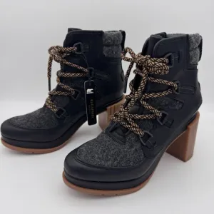 Sorel Blake Lace Up Boots Womens 7.5 Leather Felt Heeled Bootie Shoes Black Gray