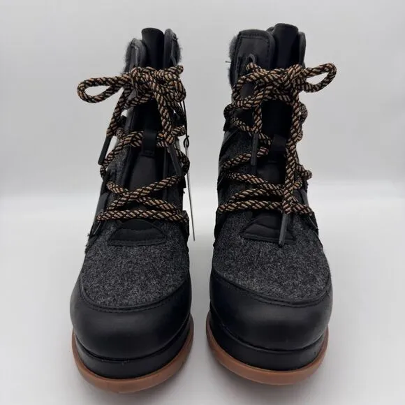 Sorel Blake Lace Up Boots Womens 7.5 Leather Felt Heeled Bootie Shoes Black Gray