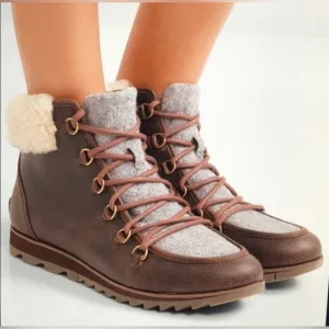 Sorel Harlow Lace Up Boots  Sheepskin Trim Dark Brown Leather Upper Size 7.5