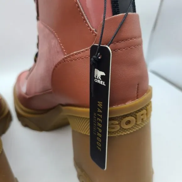 Sorel Women boots Brex Heel Lace Lux Pink Sandy Clay leather fabric US 9 new