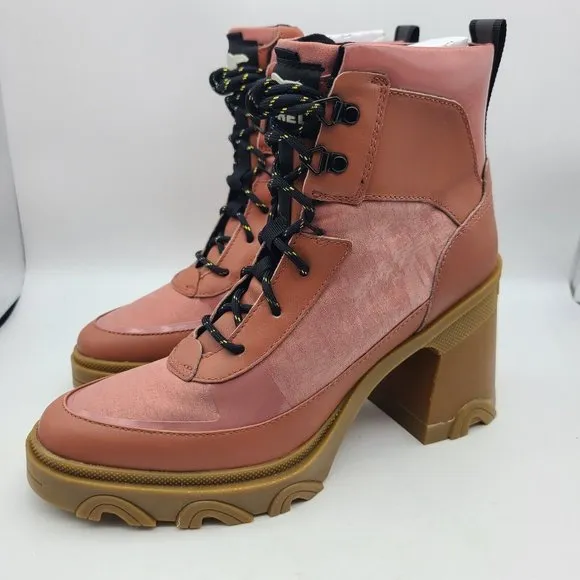 Sorel Women boots Brex Heel Lace Lux Pink Sandy Clay leather fabric US 9 new