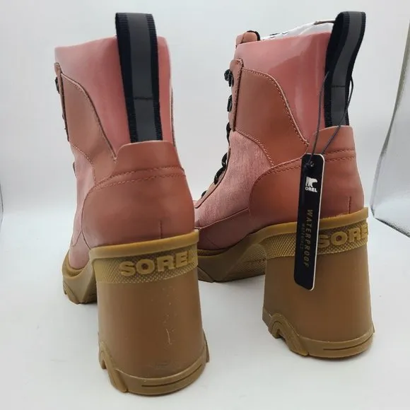 Sorel Women boots Brex Heel Lace Lux Pink Sandy Clay leather fabric US 9 new
