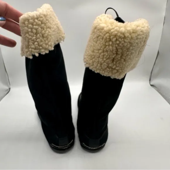 Sperry Black and Cream Lace Up Boots Leather /Suede &amp; Sheep Fur Trimmed