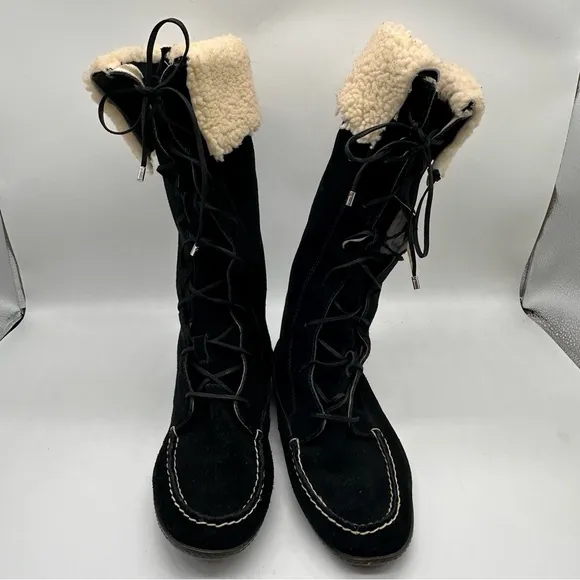 Sperry Black and Cream Lace Up Boots Leather /Suede &amp; Sheep Fur Trimmed