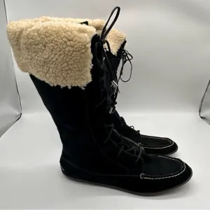 Sperry Black and Cream Lace Up Boots Leather /Suede &amp; Sheep Fur Trimmed