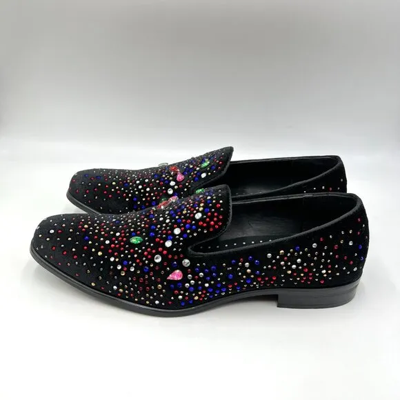 Stacy Adams Mens 9.5M Black Velvet Velour Jeweled Loafers Dress Shoes