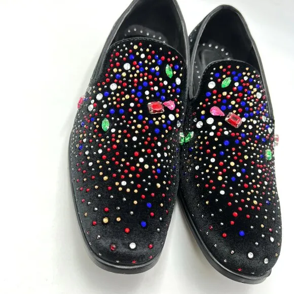 Stacy Adams Mens 9.5M Black Velvet Velour Jeweled Loafers Dress Shoes