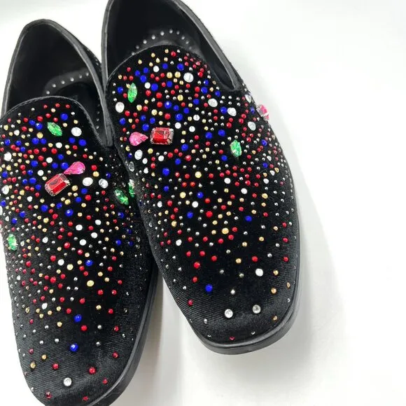 Stacy Adams Mens 9.5M Black Velvet Velour Jeweled Loafers Dress Shoes