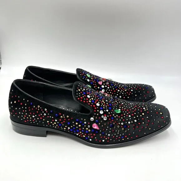 Stacy Adams Mens 9.5M Black Velvet Velour Jeweled Loafers Dress Shoes